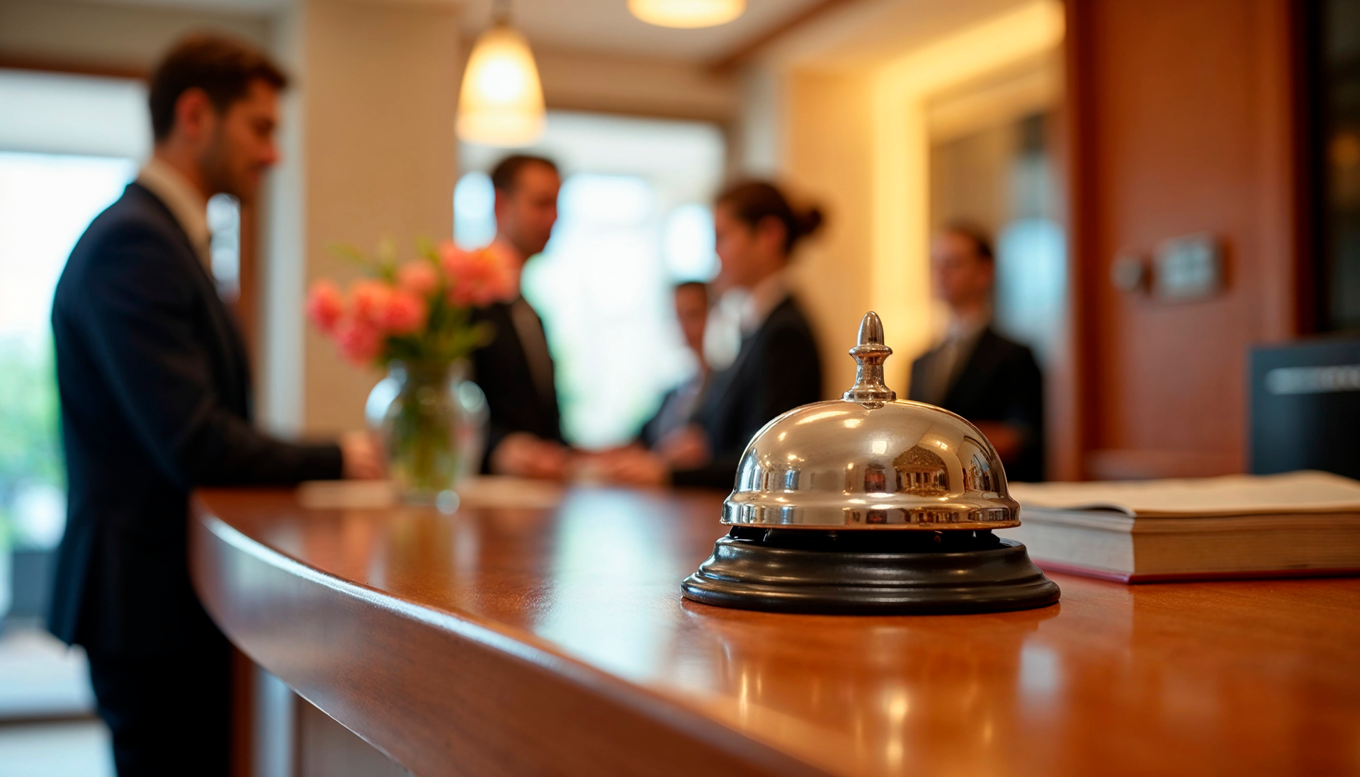 hotel lobby reception with clean modern interior, professional hospitality environment