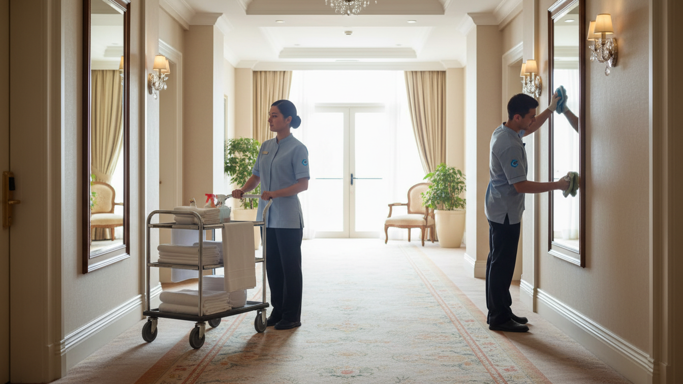 hotel housekeeping team structure meeting, professional cleaning staff training, hotel management collaboration, hospitality service organization